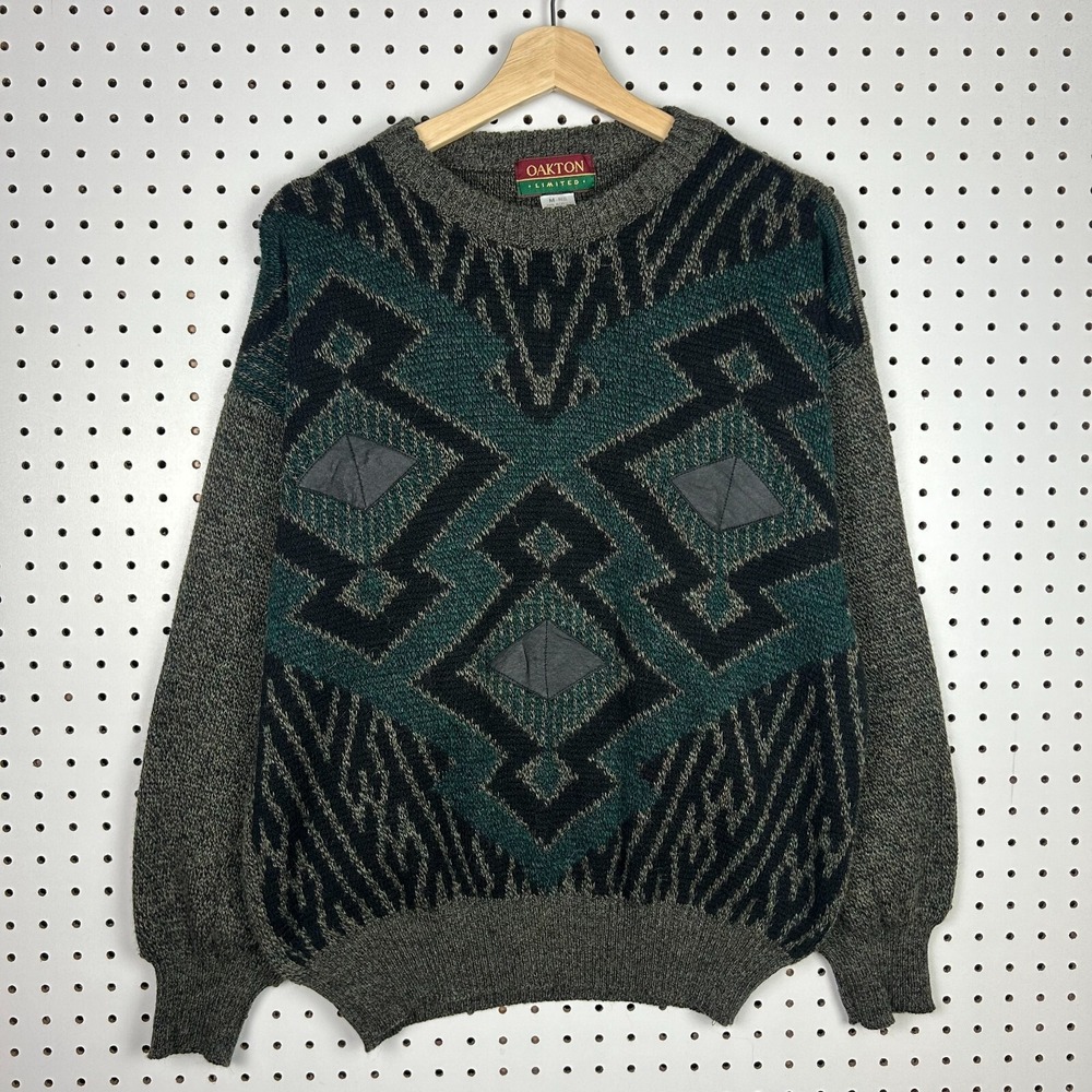 Oakton Knit Sweater Size Medium Aztec Western Green Brown Wool Blend Grandpa 90s